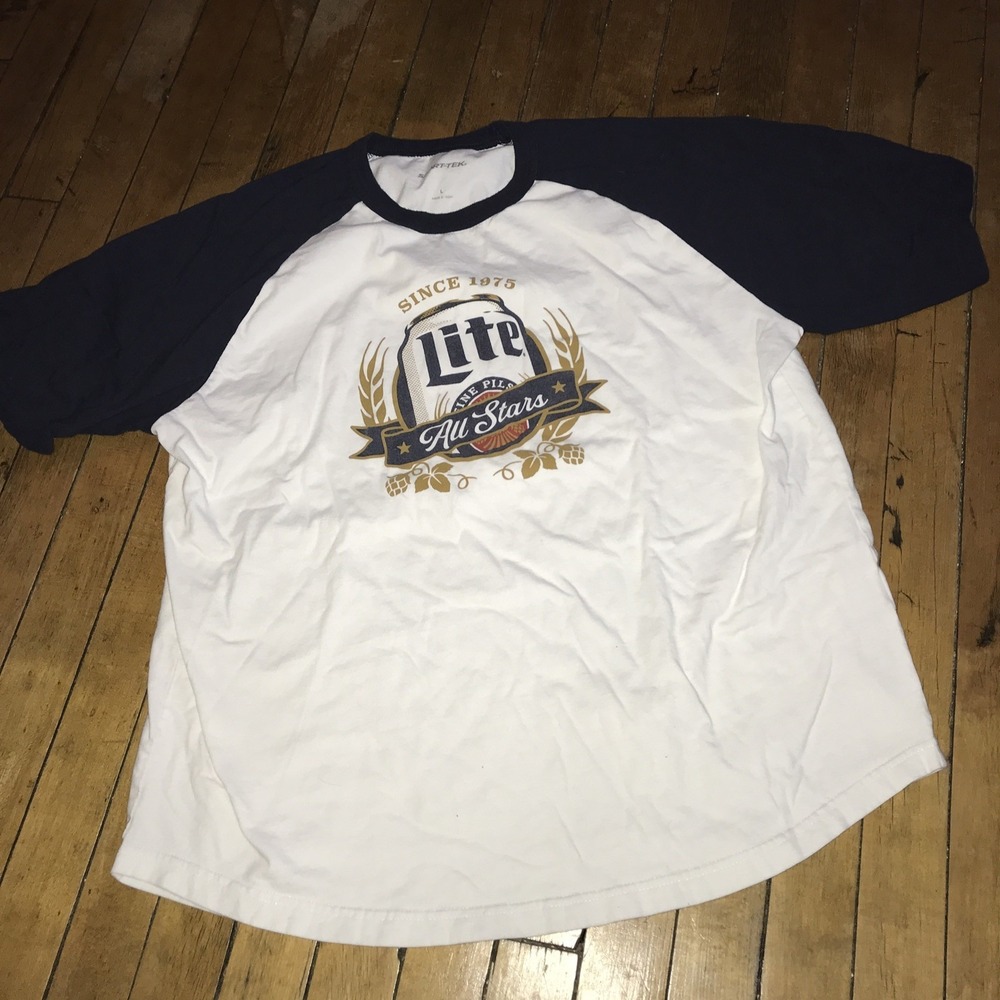 Miller Lite T Shirt Adult Size Large White Blue Baseball Raglan Short Sleeve